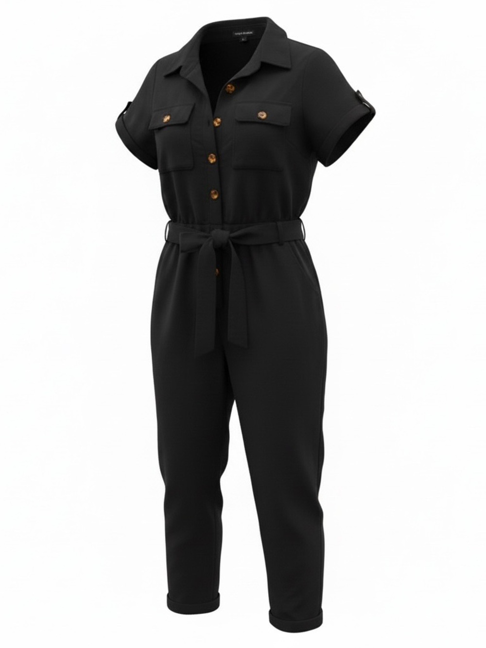 Haute Monde Black Short-Sleeve Utility Jumpsuit with Tie Waist